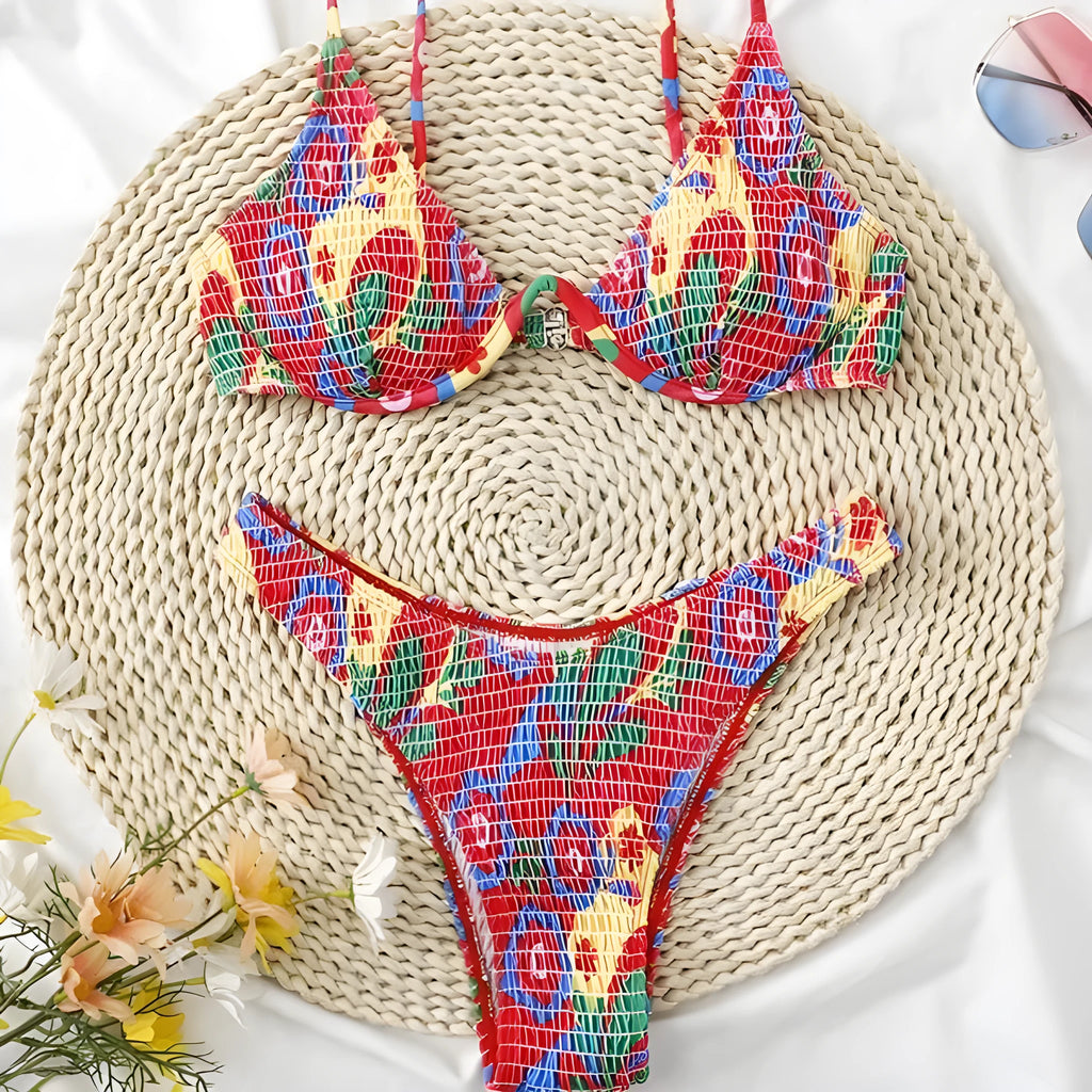 Red floral print women's two-piece underwire bikini set on a white background