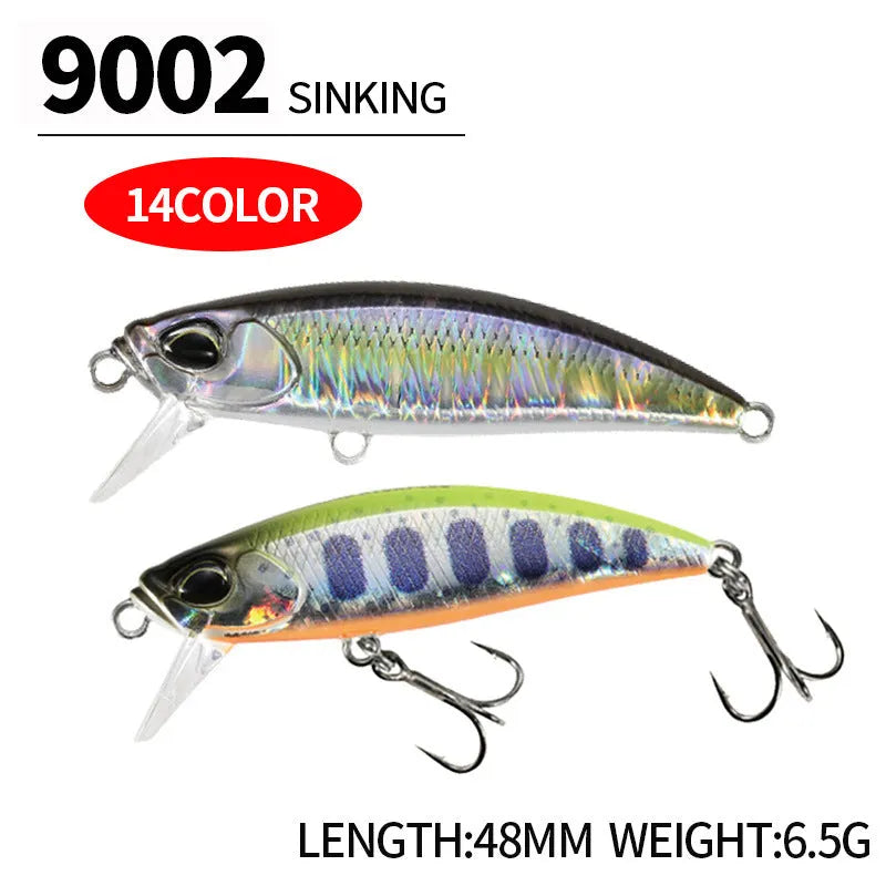 Hard plastic minnow fishing lure measuring 48mm, shown in one of 14 available colours, with integrated hook hangers.
