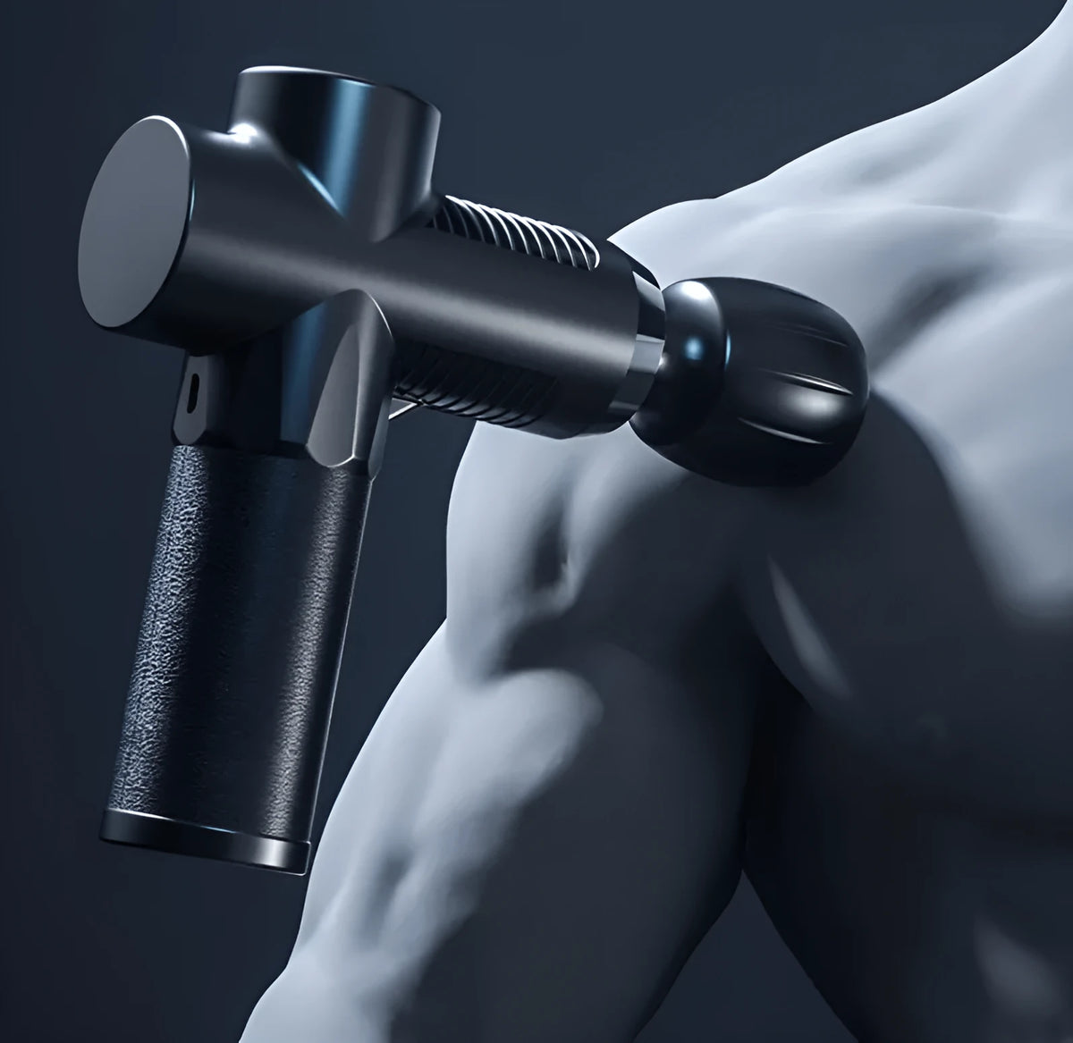 Black USB fascia gun with silicone and ABS construction, compact 382 g muscle fitness equipment