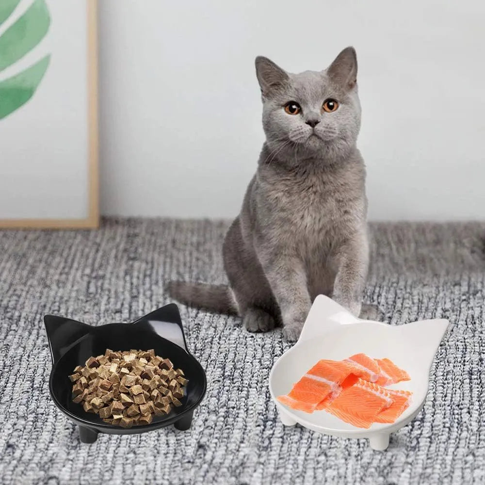 Shallow black melamine cat bowl with non-slip rubber base on a kitchen counter.