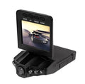 H198 black car dash cam with six infrared lights on front, shown on a windshield.