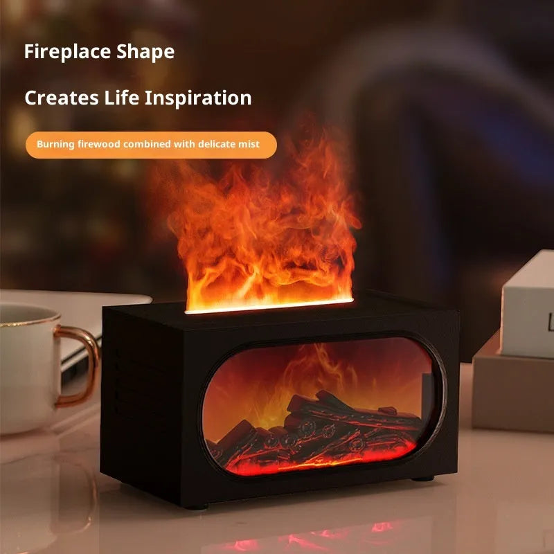 Black desktop fireplace aroma diffuser with colourful simulation flame, showing water tank and controls