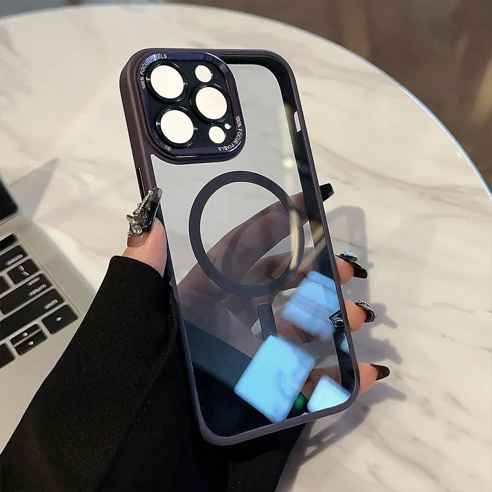 Transparent metal acrylic magnetic suction TPU phone case for iPhone, black and purple colour options