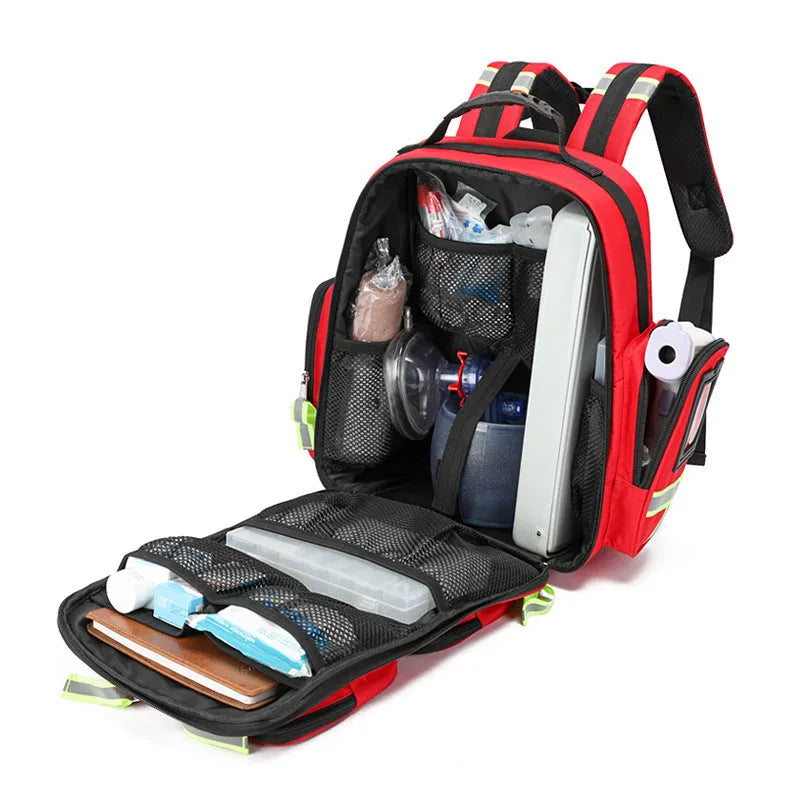 Large capacity empty first aid kit backpack in orange, made from waterproof Oxford cloth with reflective strips and multi-layer storage