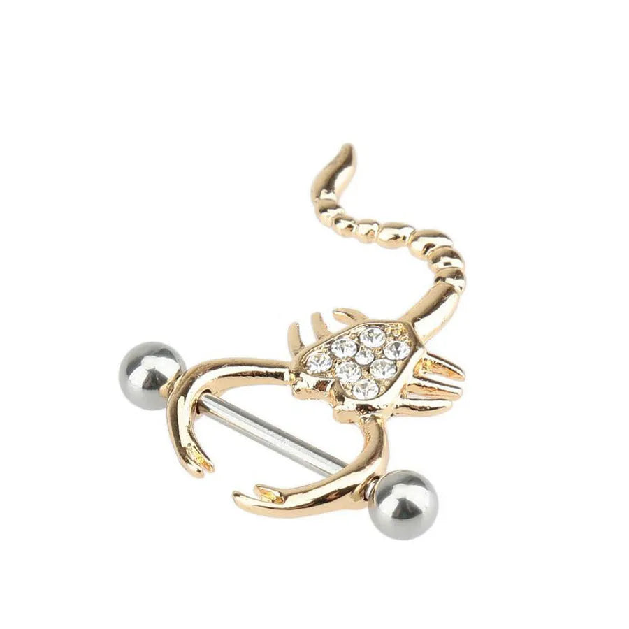 Gold scorpion belly ring with 316L medical steel bar and crystal diamond inlay on white background