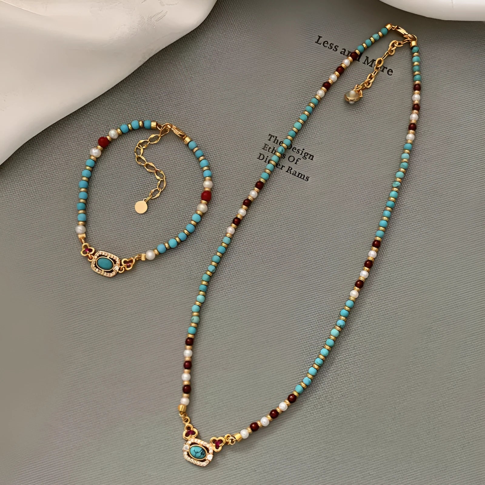 Natural turquoise pearl necklace on copper base with real gold plating, geometric pendant, French retro style, clavicle length for women