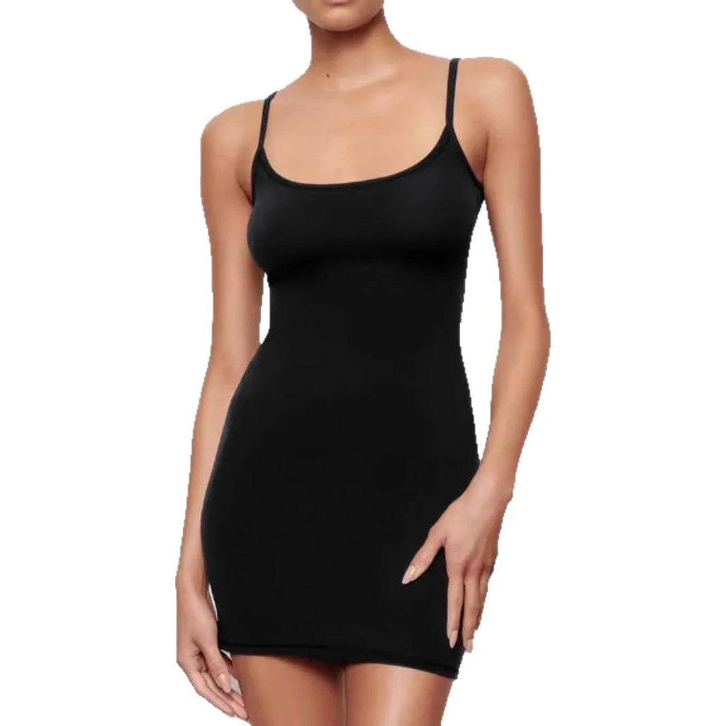 Black slim-fit sleeveless sheath dress with a sling neckline.