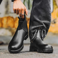 Chelsea boots with artificial PU upper, rubber sole, wedge heel, in solid colour black – side view for unisex winter wear