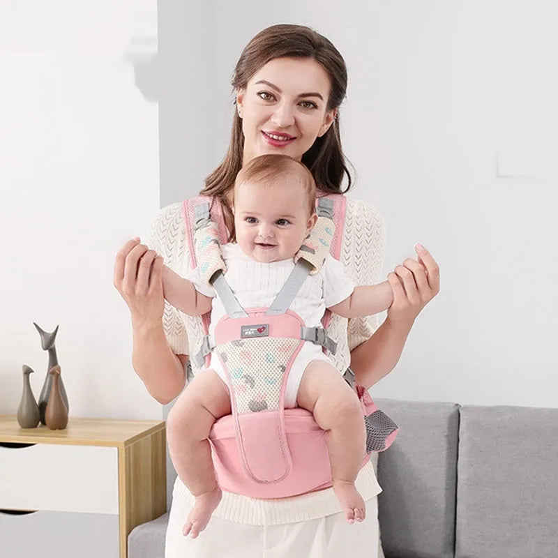 Baby waist stool carrier strap in breathable fabric for front and back carrying, pink colour option