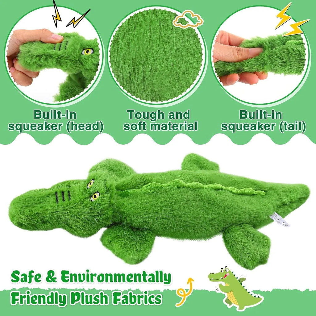 Green crocodile plush dog toy with squeaker and crinkle paper tail for aggressive chewers