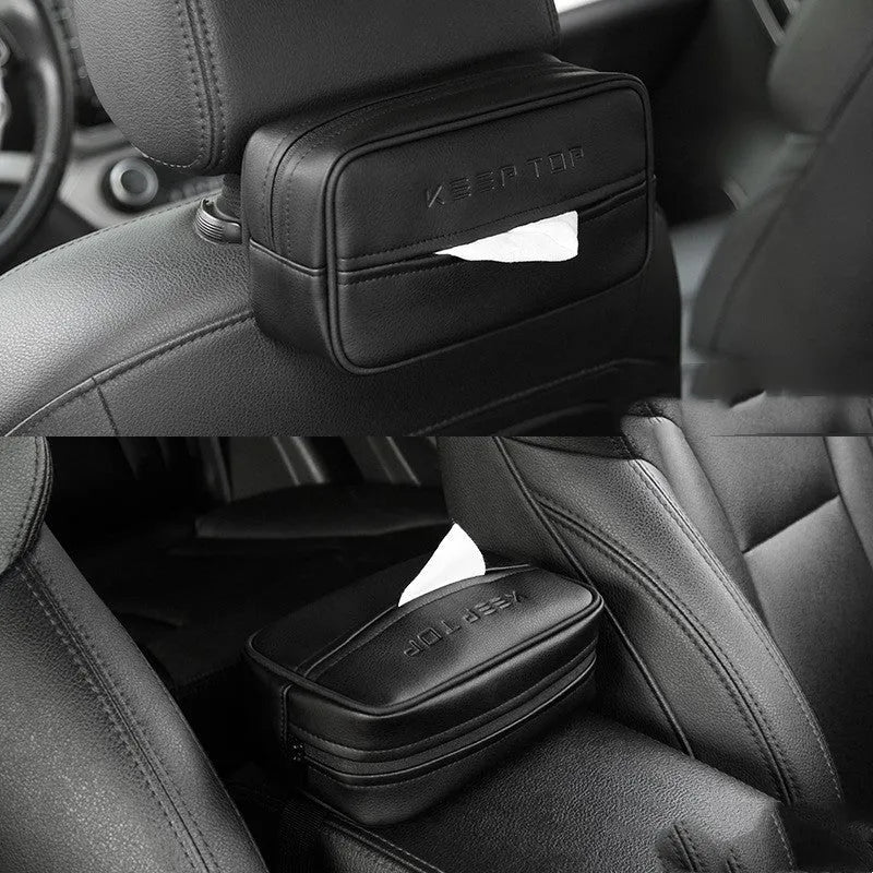 Black PU leather hanging storage box or bag with dimensions shown for car organisation.