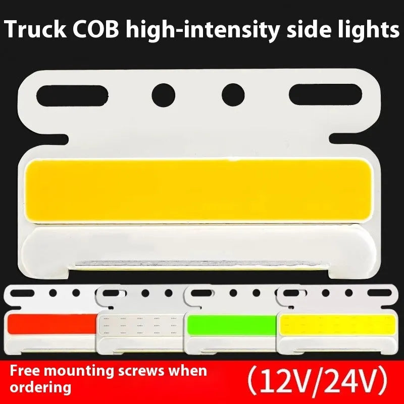 Waterproof aluminium alloy LED side light for trucks, showing bright COB illumination in blue, mounted near a vehicle tyre.