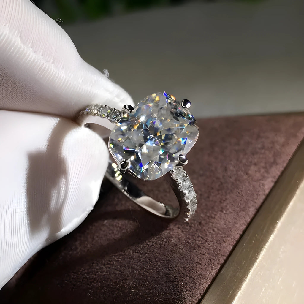 Women's moissanite princess cut ring with four-prong setting, white gold colour copper band, sizes 6 to 10