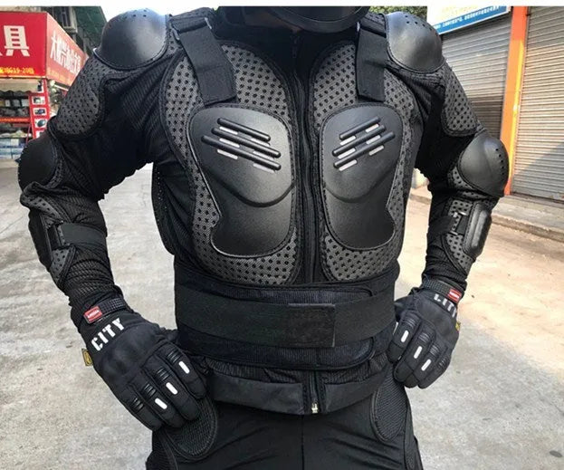 Black motorcycle armour protection jacket with plastic fall protection panels, solid colour, on white background