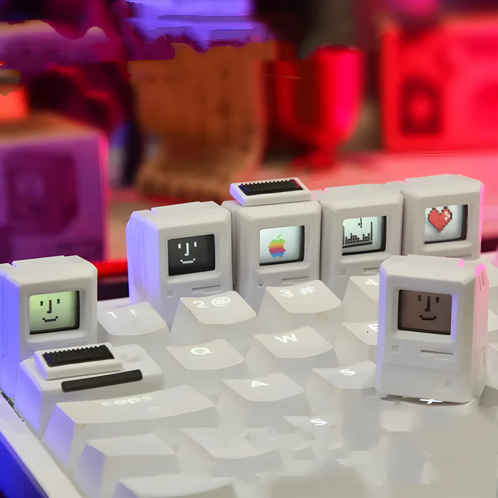 Macintosh style transparent mechanical keyboard keycap in retro, white, or black colour