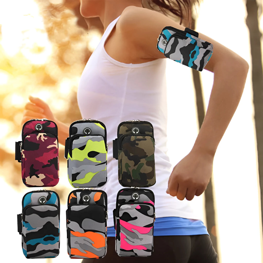 Camouflage running wrist bag in blue made from water-repellent diving cloth