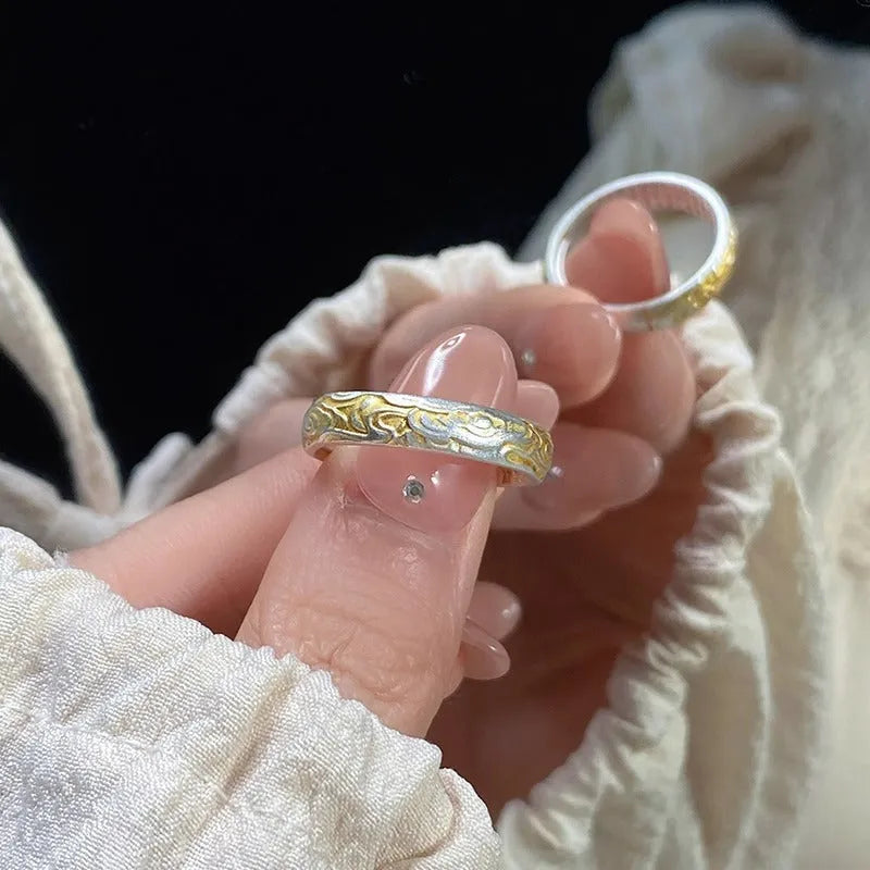 J14 Xiangyun pattern open-mouth ring with geometric shape and silver gold electroplated finish