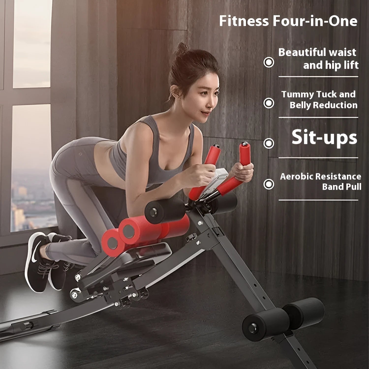 Abdominal exercise machine with metal frame, black ribbon drawstring, dimensions 113x30x70cm