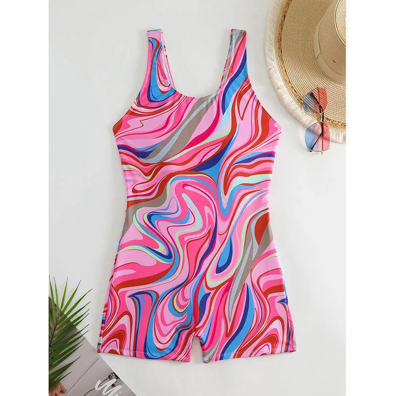 A printed high-waist backless one-piece swimsuit for women in polyester.