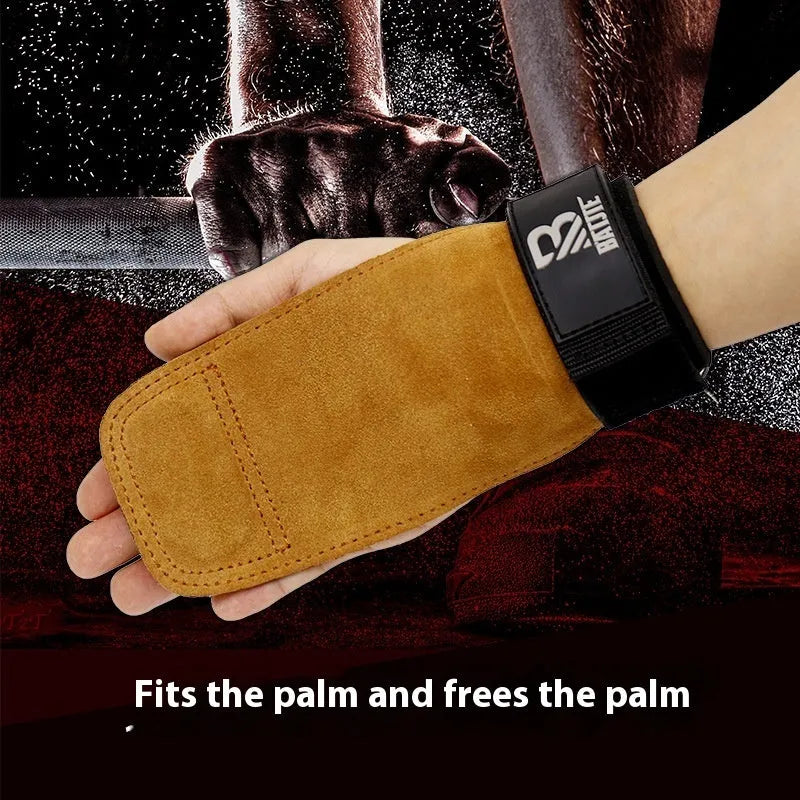 A pair of brown leather wrist protectors for fitness, shown as grip strength bands.