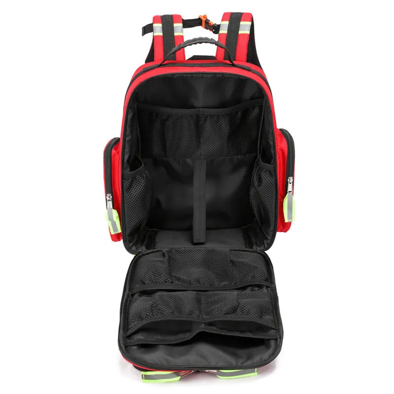 Large capacity empty first aid kit backpack in orange, made from waterproof Oxford cloth with reflective strips and multi-layer storage