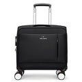 Black 18-inch Oxford cloth carry-on suitcase with retractable handle and four universal wheels.