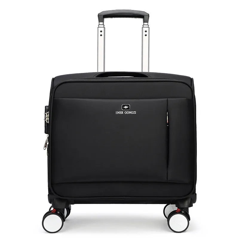 Black 18-inch Oxford cloth carry-on suitcase with retractable handle and four universal wheels.