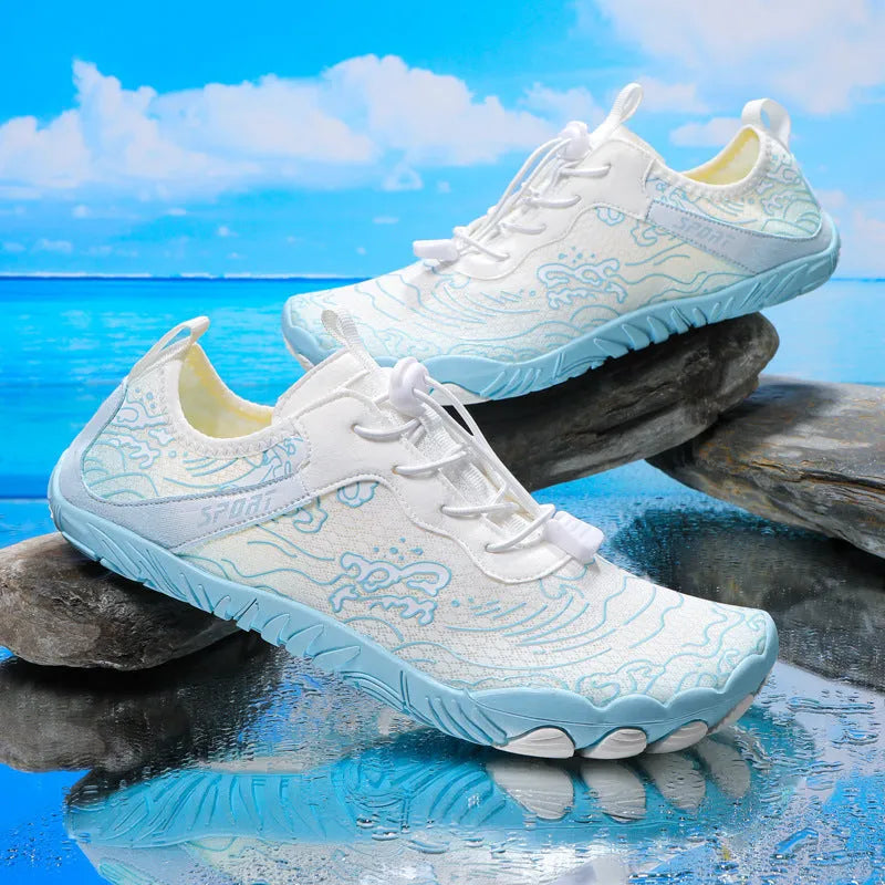 Outdoor hiking shoes with a front strap fastening and a non-slip sole with visible nails.