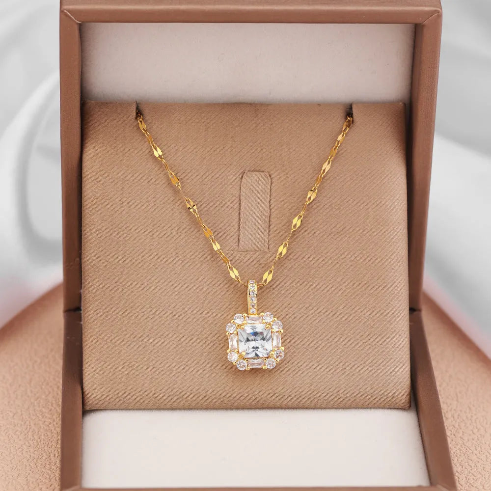 Women's geometric quadrilateral clavicle chain with mixed gemstones on water wave titanium steel chain