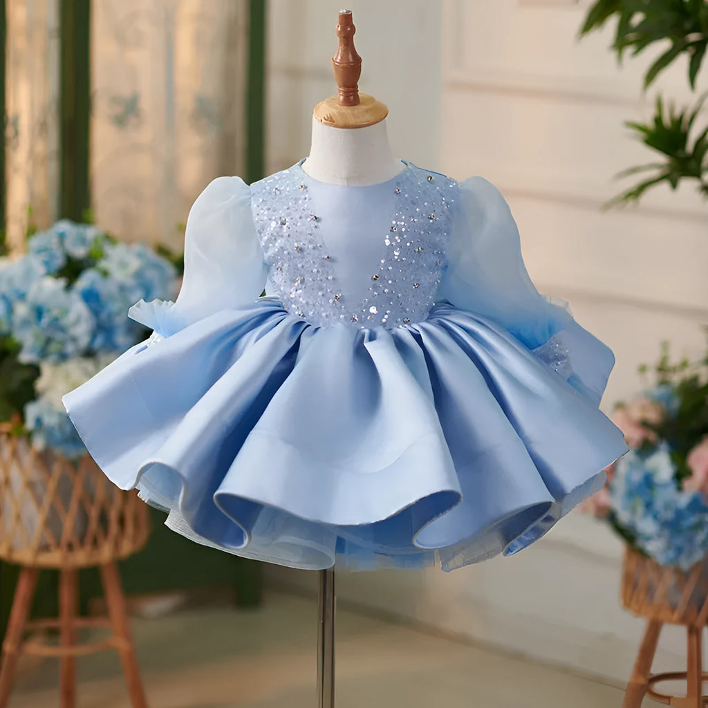 Girls' blue princess party dress with umbrella skirt, polyester blend, height sizes 80cm to 160cm