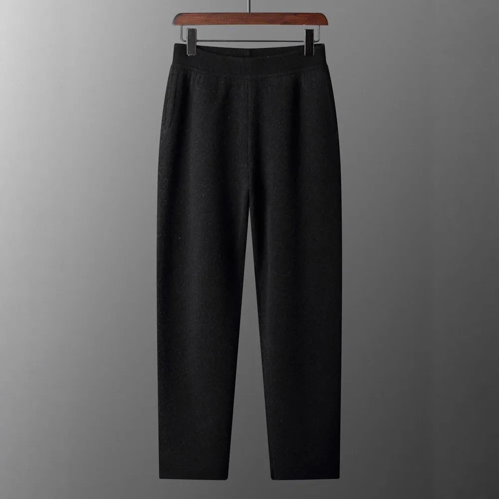 Men's thick cashmere high waist tapered trousers in Black, Elephant Grey, and Raw Velvet, full length, sizes M to XXL.