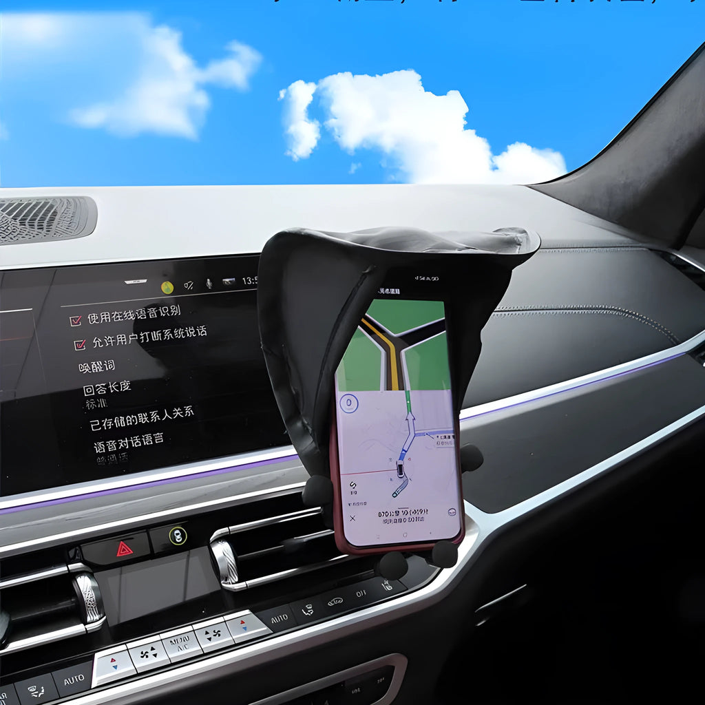 Black car phone holder sunshade shield with ribbon side block attached to vehicle air outlet