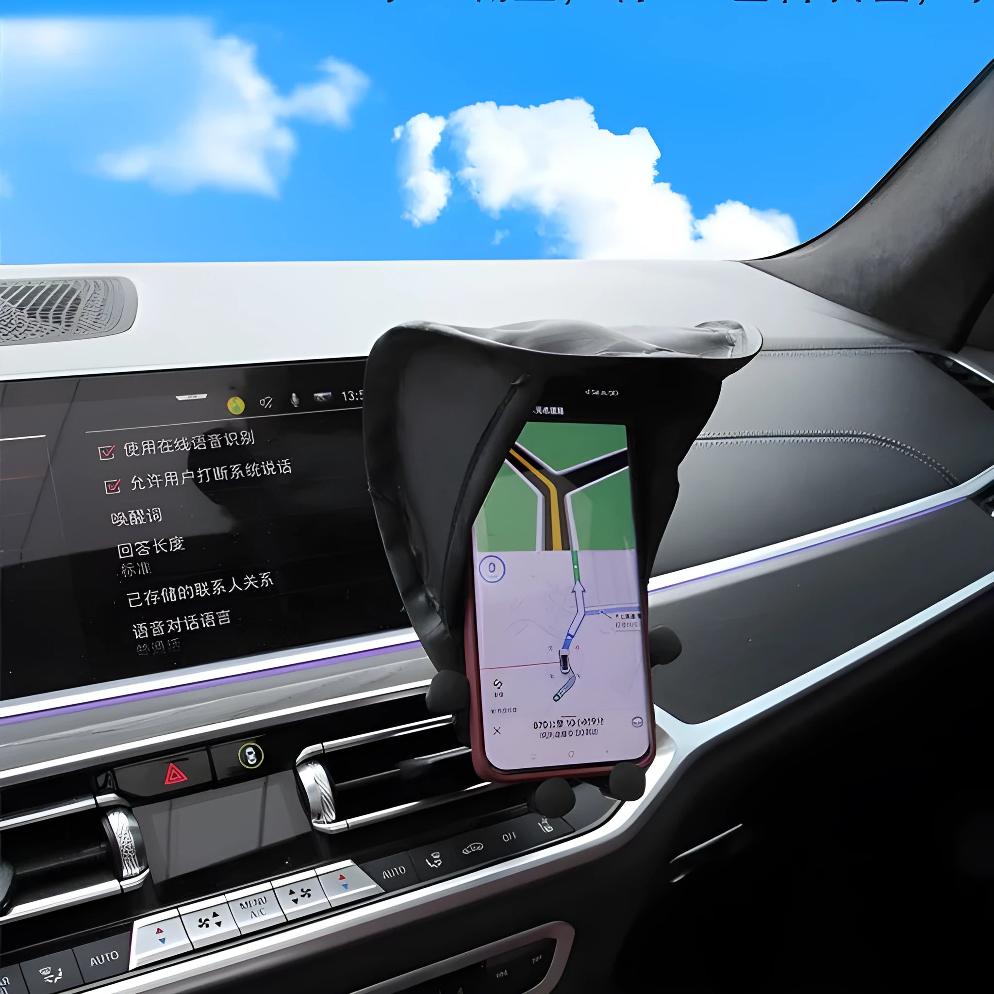 Black car phone holder sunshade shield with ribbon side block attached to vehicle air outlet