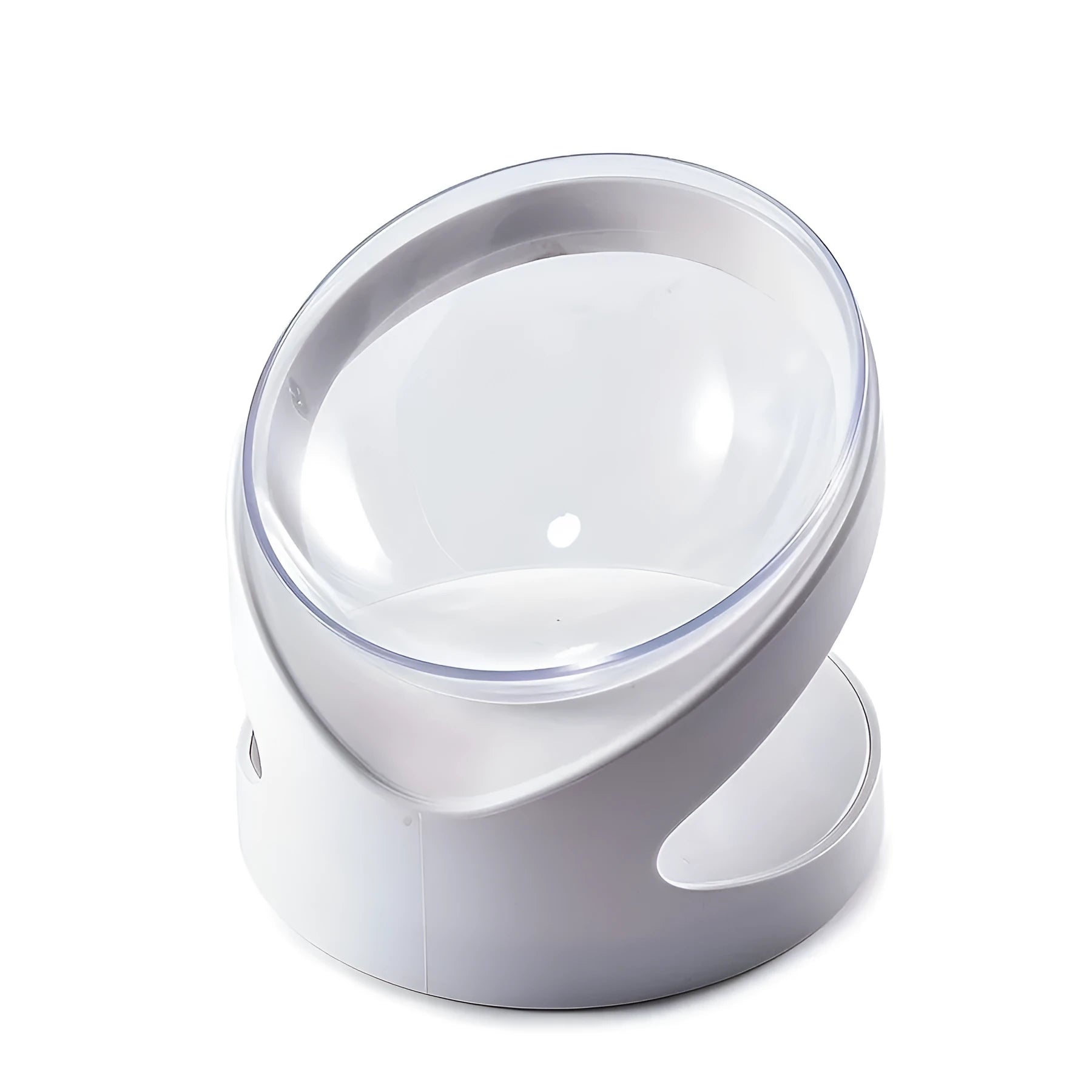 White elevated cat food bowl with ergonomic tilt design for neck protection