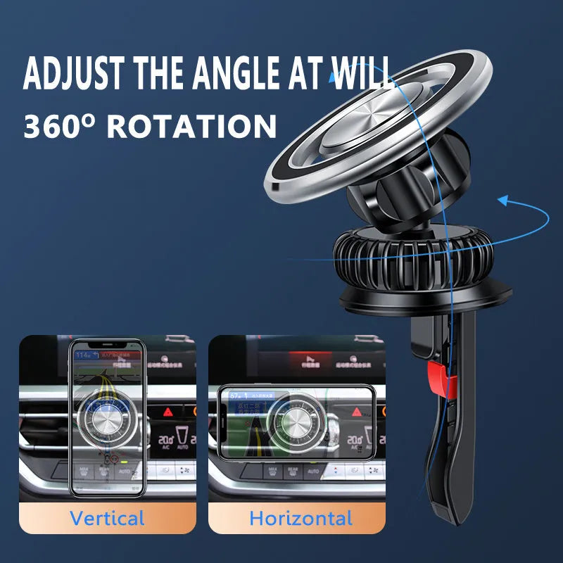 Magnetic car air vent phone holder with alloy bracket in silver colour showing 360-degree rotation adjustment
