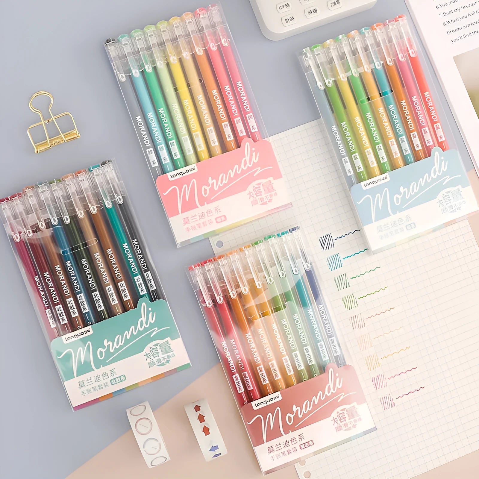 Set of nine retro-style gel pens with 0.5mm needle tips, displayed in a compact 15.2 by 8.5 cm package.