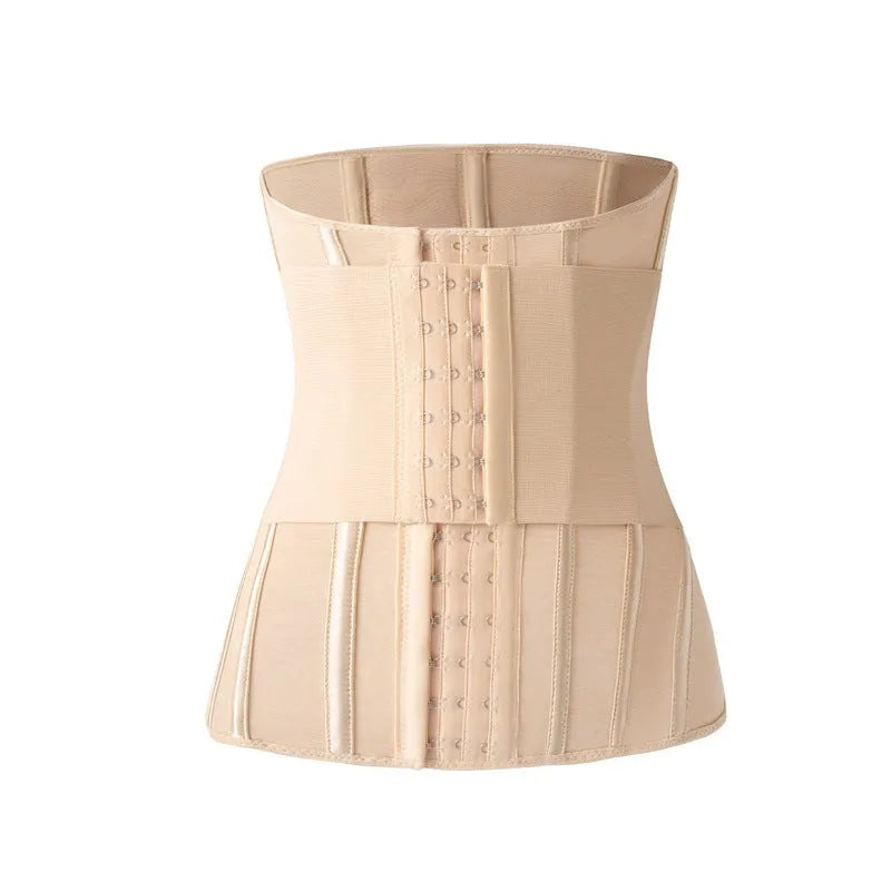 Nylon belly band waist trainer in black and apricot colours, shown laid flat.