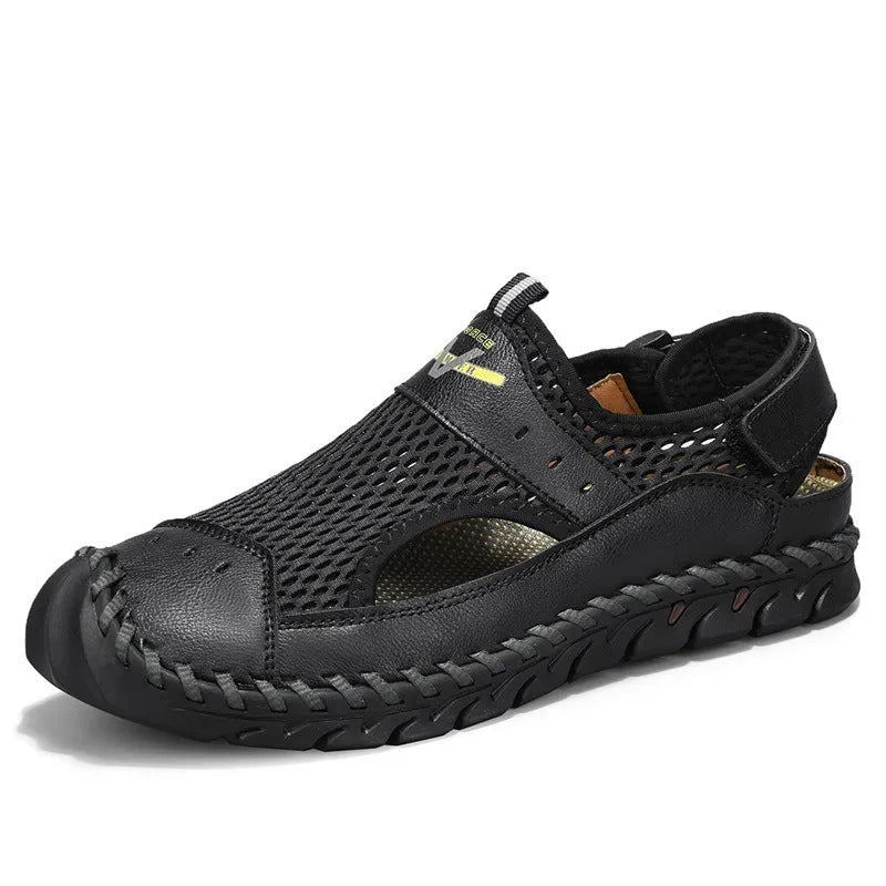 Men's brown low-top leather casual pumps with elastic band and round toe.