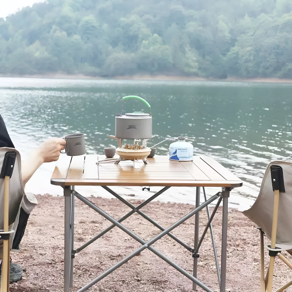Portable windproof gas stove in black or khaki for camping and picnics, suitable for 1-2 people.