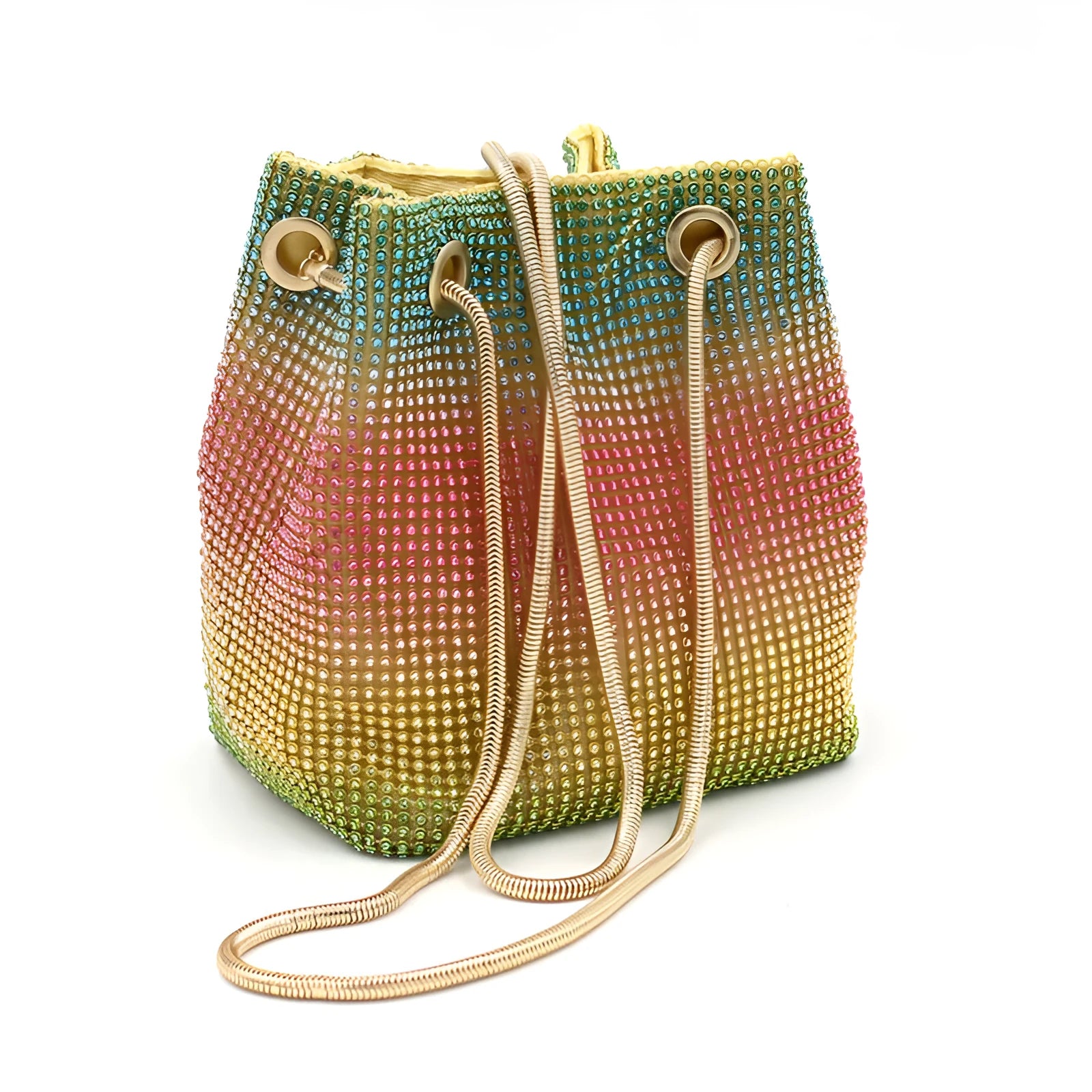 Soft rainbow rhinestone bucket handbag with adjustable strap on a white background.