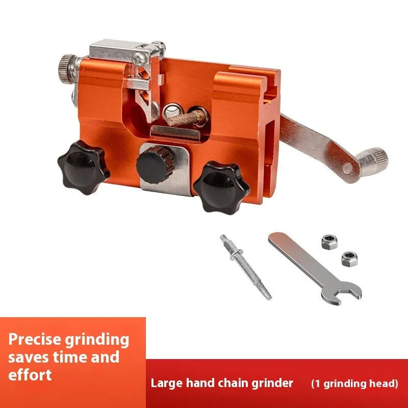 Hand cranking chain sharpener with three silicon carbide grinding heads for portable manual chain grinding