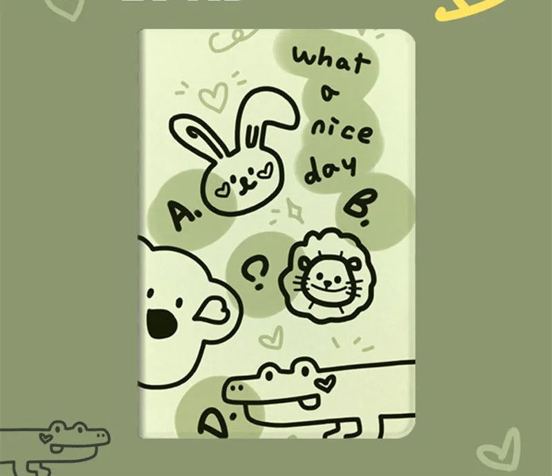 Ins Korean cartoon flip tablet case for iPad with imitation leather and TPU in Matcha Zoo pattern