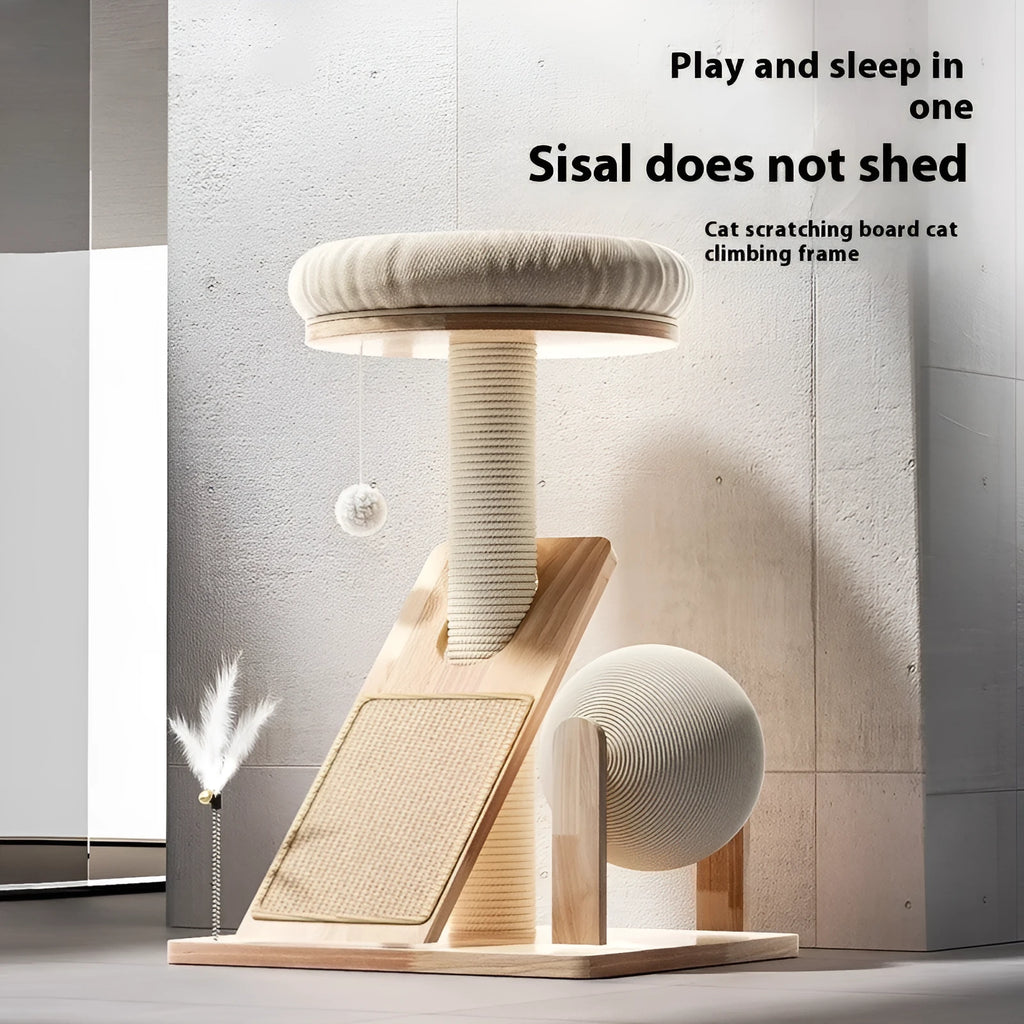 A compact cat climbing frame with sisal rope scratching posts and platforms in a natural jute colour.