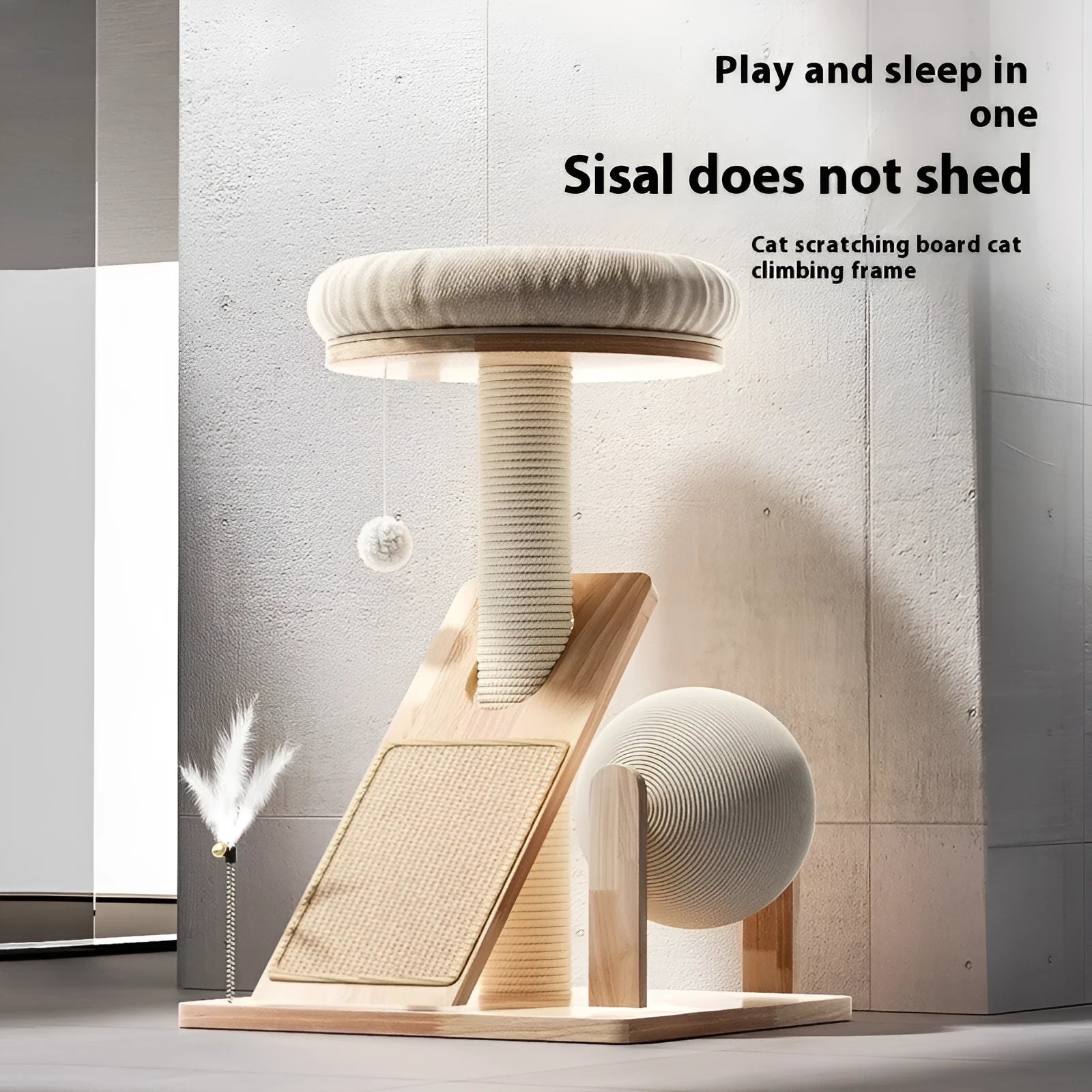 A compact cat climbing frame with sisal rope scratching posts and platforms in a natural jute colour.