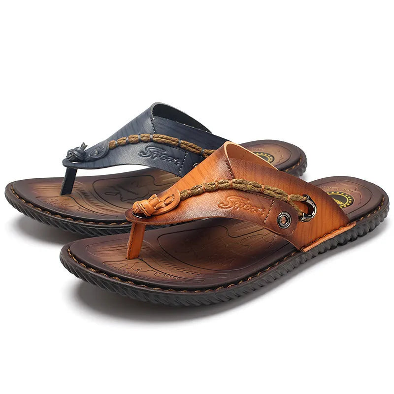 Plus size men's herringbone pattern outdoor slippers in dark blue with leather lining