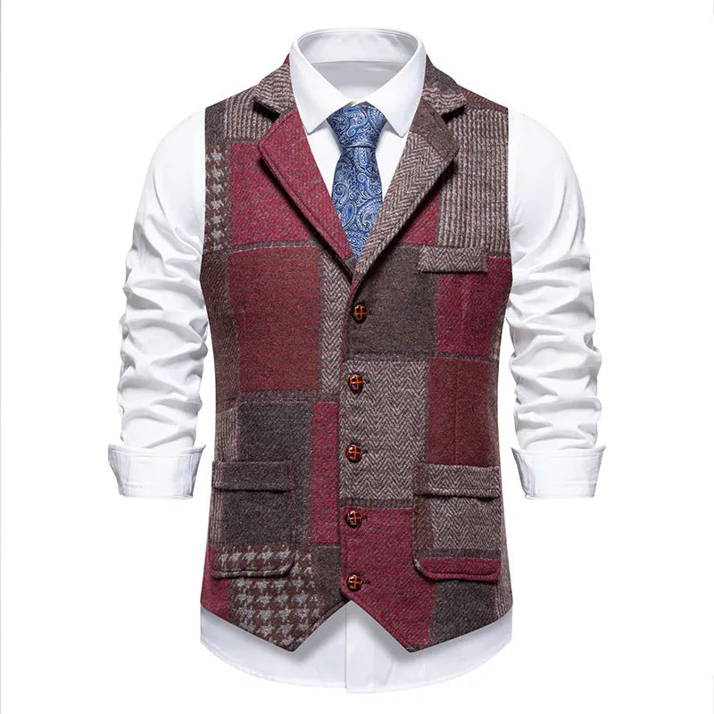 Men's retro patchwork lapel suit vest in gray plaid pattern with patch pockets, chemical fibre blend fabric