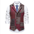 Men's retro patchwork lapel suit vest in gray plaid pattern with patch pockets, chemical fibre blend fabric