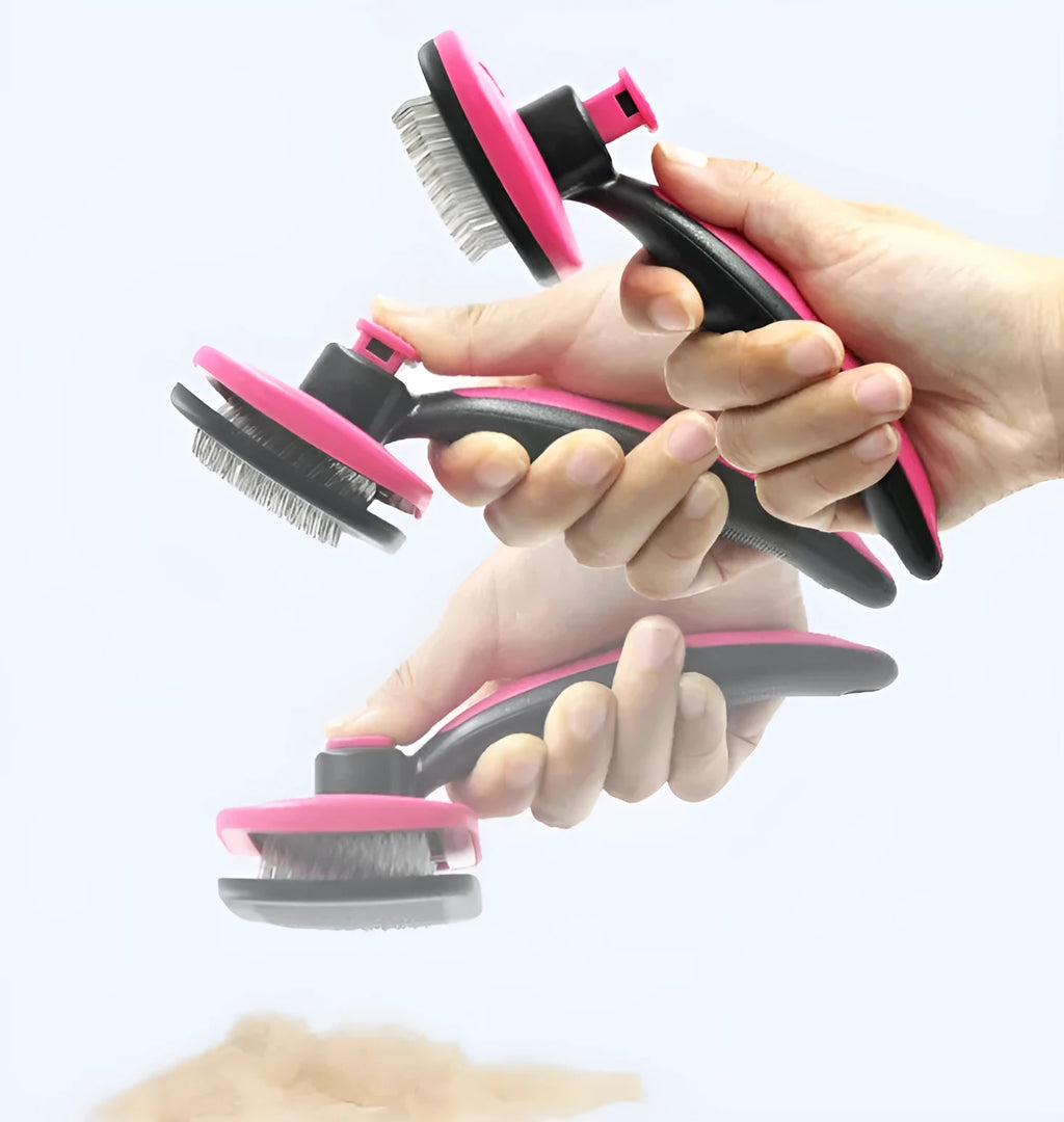 Rose red pet grooming comb with stainless steel teeth on white background