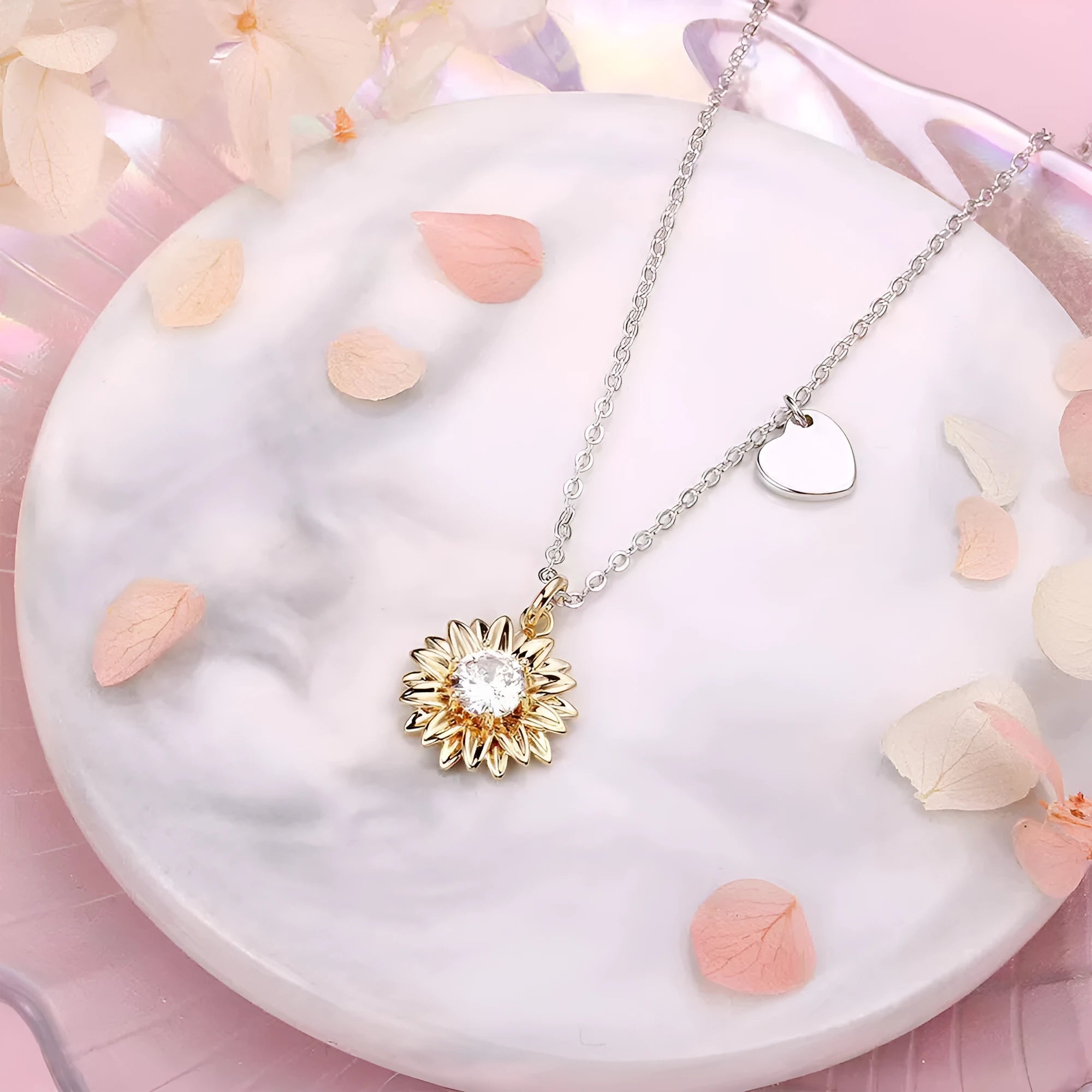 Women's adjustable silver sunflower necklace with 925 silver pendant and cross chain