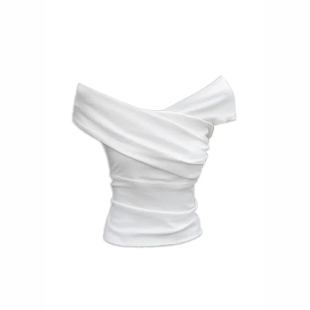 White irregular off-shoulder short sleeve t-shirt for women, pullover style, polyester fabric